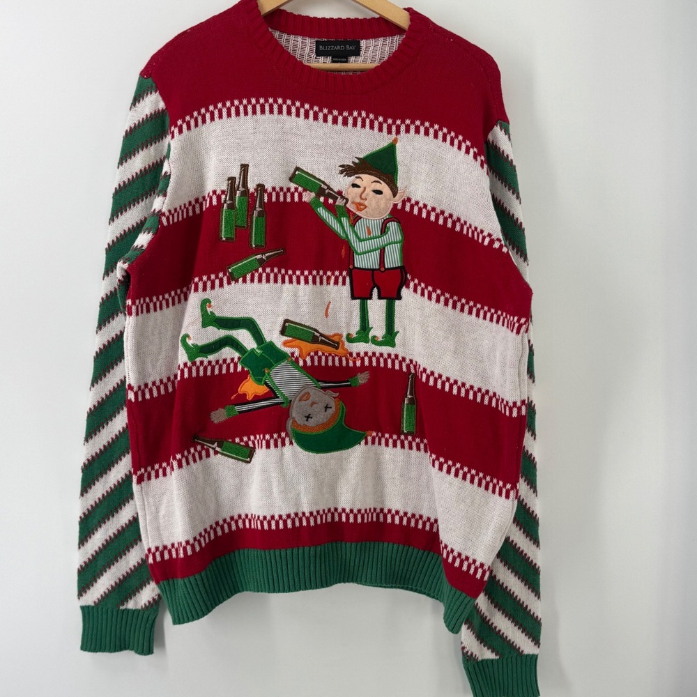 Blizzard Bay Mens Drinking Elves Ugly Christmas Sweater Red White Large E61467